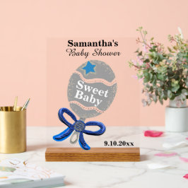 Boy Baby Shower Silver Blue Rattle Acrylschild