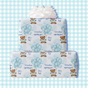 Boy Baby Shower Teddy Bear Blue Balloons Name Geschenkpapier