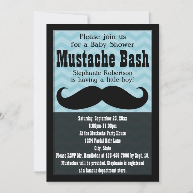 Boy Baby Shower Vintag Blue Mustache Bash Einladung (Vorderseite)