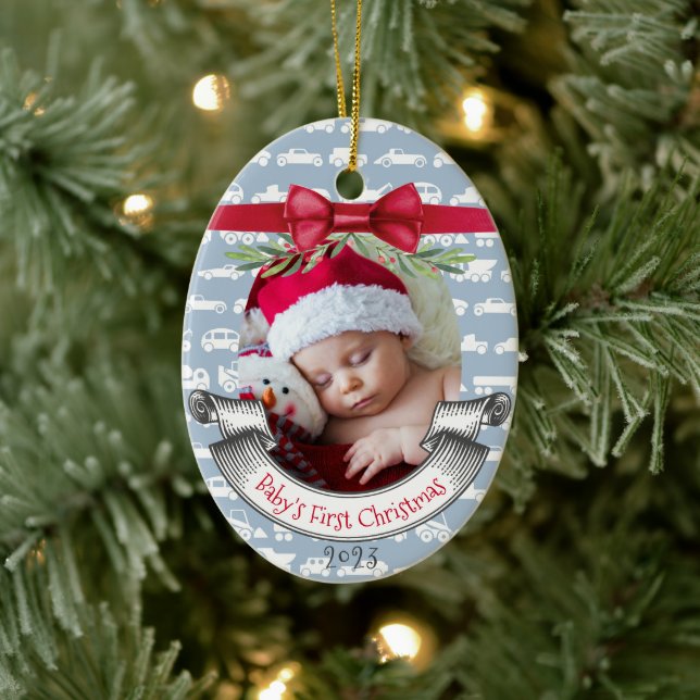 Boy Baby's First Christmas Tree Blue & Red Foto Keramik Ornament (Baum)