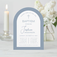 Boy Baptisk Dusty Blue White Arch Script Modern