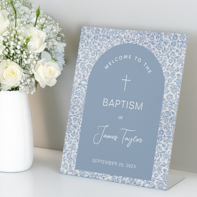 Boy Baptism Arch Blue White Floral Pattern Welcome Sockelschild (Von Creator hochgeladen)