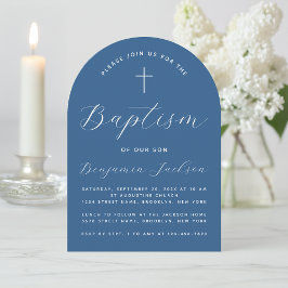 Boy Baptism Arch Classic Blue White Script & Cross Einladung