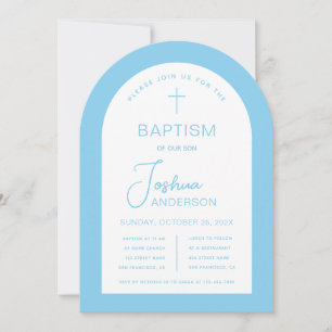 Boy Baptism Baby Blue White Arch Script religiös Einladung