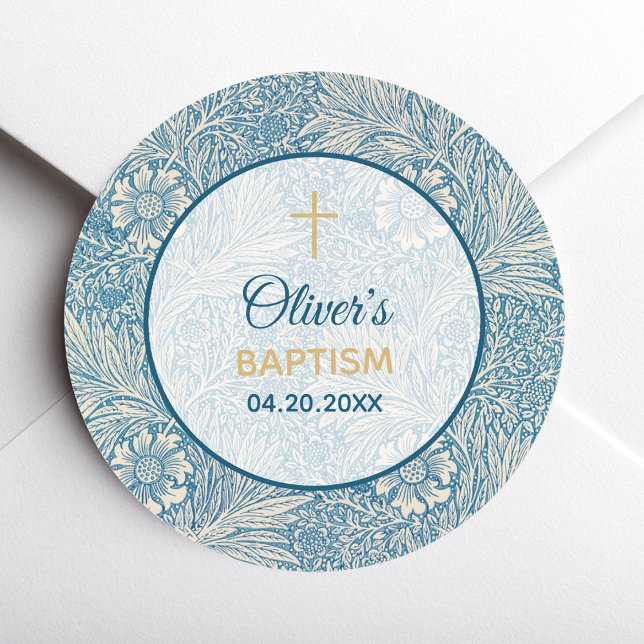 Boy Baptism Blue Floral Marigold William Morris Runder Aufkleber (Von Creator hochgeladen)