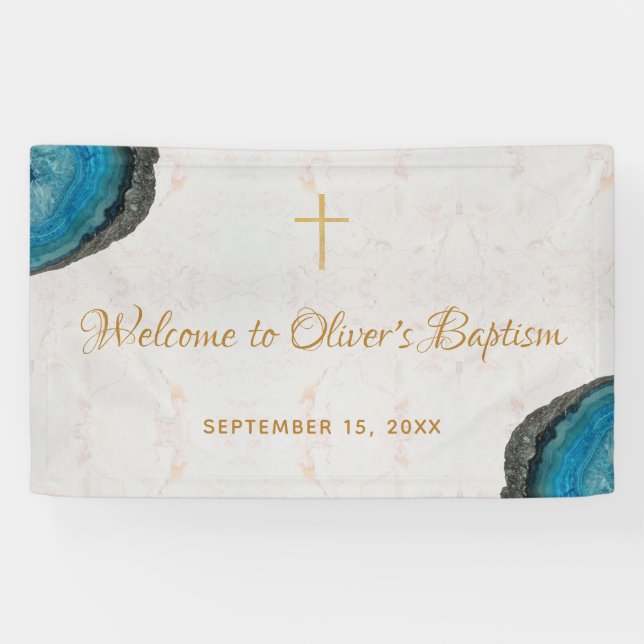 Boy Baptism Blue Geode Agate Marble Script willkom Banner (Horizontal)