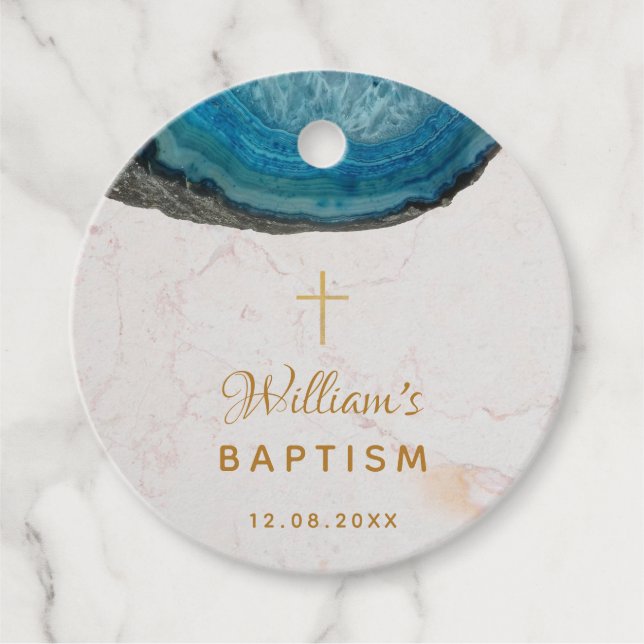 Boy Baptism Blue Geode White Marble Gold Cross Geschenkanhänger (Vorderseite)