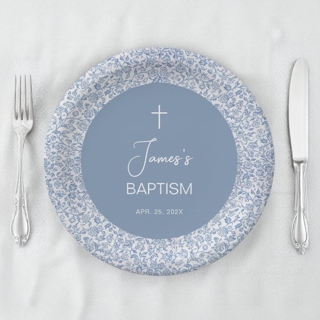 Boy Baptism Blue White Floral Pattern Christening Pappteller (Von Creator hochgeladen)