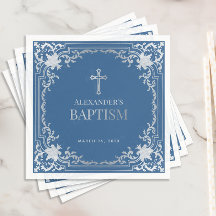 Boy Baptism Classic Elegante Blaue Imitate Silbert