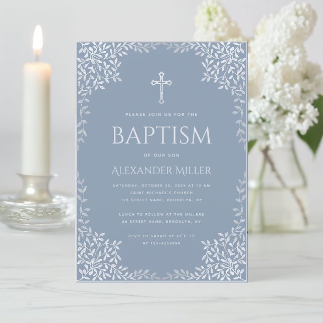 Boy Baptism Dusty Blue Elegant Imitats Silver Blät Einladung (Von Creator hochgeladen)
