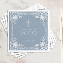Boy Baptism Dusty Blue Elegante Imitate Silver Cro