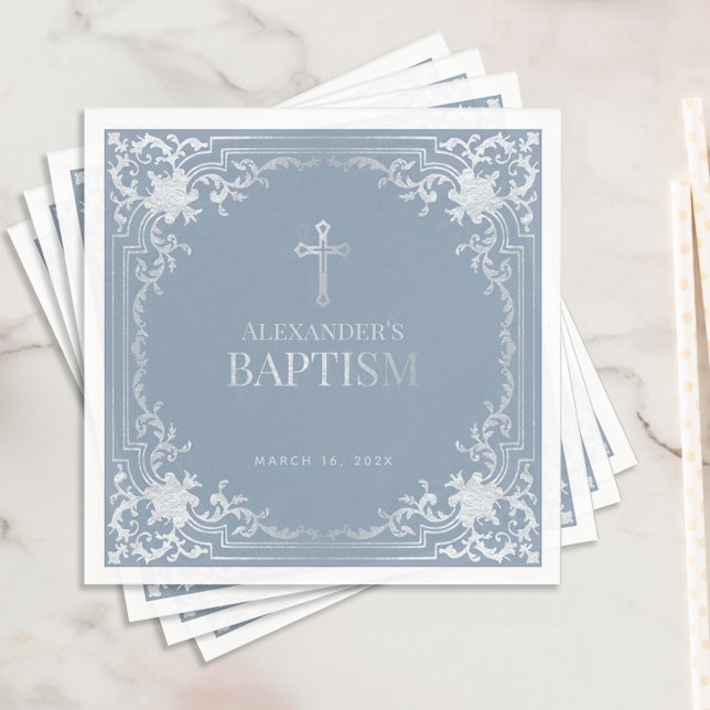 Boy Baptism Dusty Blue Elegante Imitate Silver Cro Serviette (Von Creator hochgeladen)
