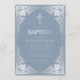 Boy Baptism Dusty Blue Elegante Imitate Silver Vin Einladung