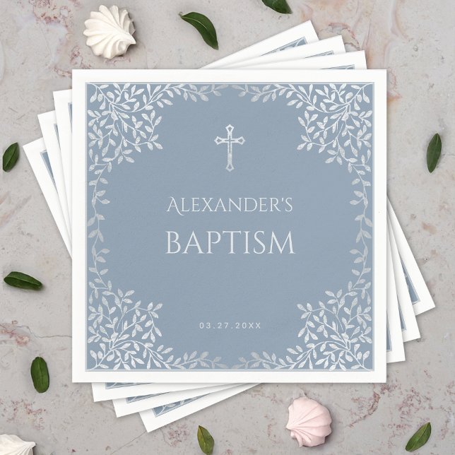 Boy Baptism Dusty Blue Imitats Silver Blätter Eleg Serviette (Von Creator hochgeladen)