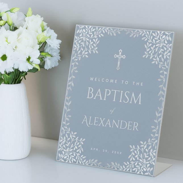 Boy Baptism Dusty Blue Imitats Silver Blätter Will Sockelschild (Von Creator hochgeladen)