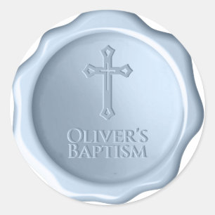 Boy Baptism Dusty Blue Wax Siegel Embossed Cross Runder Aufkleber