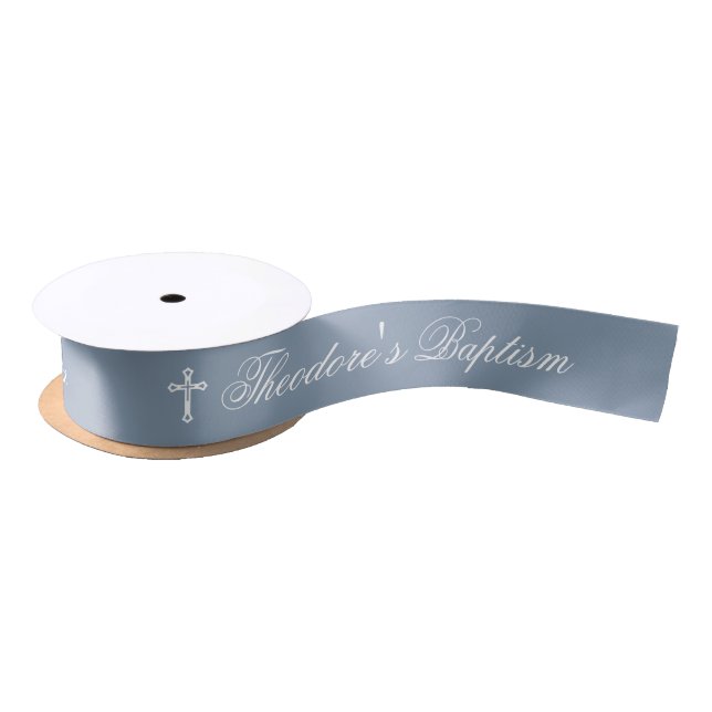 Boy Baptism Dusty Blue White Calligraphy and Cross Satinband (Spule)