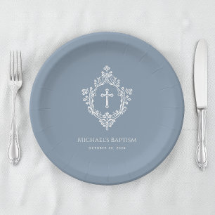 Boy Baptism Dusty Blue White Cross Wappen Religiou Pappteller