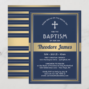 Boy Baptism Elegante Moderne Marine Blue White & G Einladung