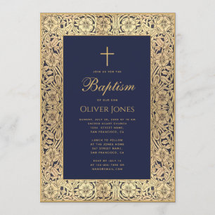 Boy Baptism Floral Gold Frame Navy Blue Elegant Einladung