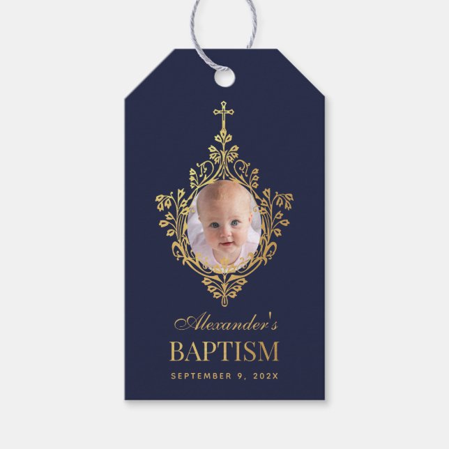 Boy Baptism Navy Blue Foto Imitate Gold Elegant Geschenkanhänger (Vorderseite)