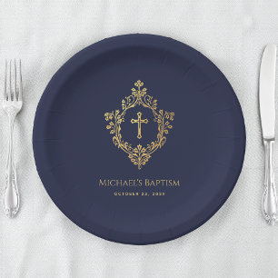 Boy Baptism Navy Blue Imitats Gold Wappen Religiös Pappteller