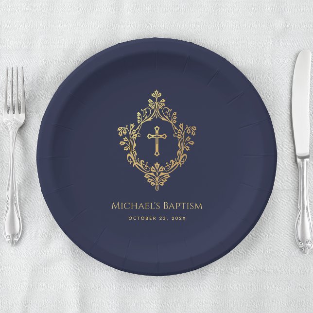 Boy Baptism Navy Blue Imitats Gold Wappen Religiös Pappteller (Von Creator hochgeladen)