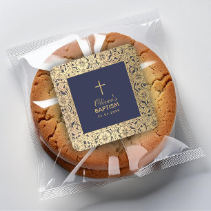 Boy Baptism Vintag Gold Rose Navy Blue Elegant Quadratischer Aufkleber