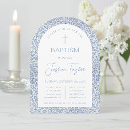 Boy Baptisse Arch Blue White Floral Vintages Muste Einladung