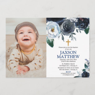 Boy Baptisse blaue florale Wasserfarben Foto Einladung