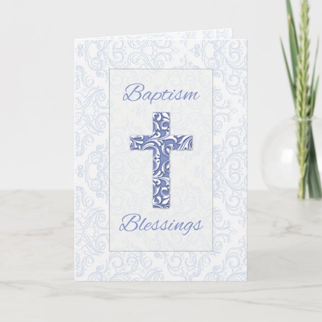Boy Baptisse Blessings Blue Cross Damask Wirbel Karte (Vorderseite)