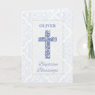 Boy Baptisse Blessings Blue Cross Damask Wirbel Karte