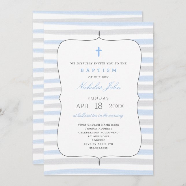 Boy Baptisse mit blau-grauen Wasserfarbstreifen Einladung (Vorne/Hinten)