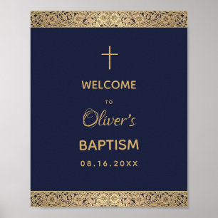 Boy Baptisse Navy Blue Gold Rose Vintag Willkommen Poster