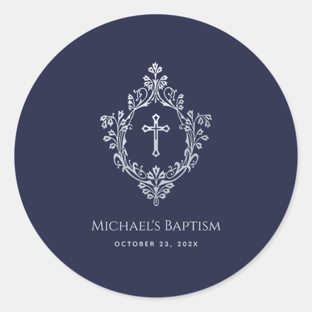 Boy Baptisse Navy Blue Imitats Silver Wappen Vinta Runder Aufkleber (Vorderseite)