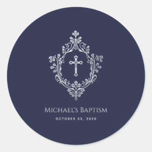 Boy Baptisse Navy Blue Imitats Silver Wappen Vinta Runder Aufkleber