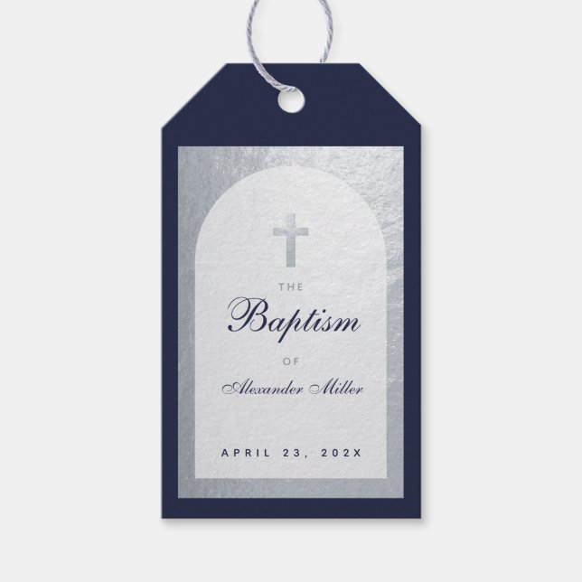 Boy Baptisse Navy Blue Script Imitate Silver Arch Geschenkanhänger (Vorderseite)