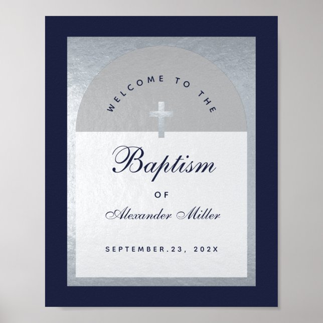 Boy Baptisse Navy Blue Silver Arch Begrüßungszeich Poster (Vorne)