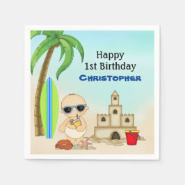 Boy Beach Baby Sandcastle in Surfboard 1. Geburtst Serviette