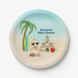 Boy Beach Baby Sandcastle in Surfboard Babydusche Pappteller