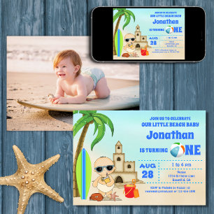 Boy Beach Baby Surfboard 1. Geburtstag FOTO Einladung