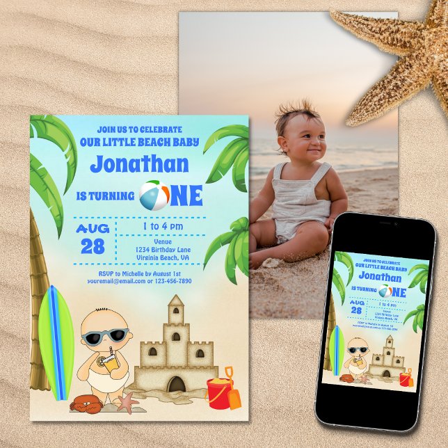 Boy Beach Baby Surfboard 1. Geburtstag FOTO Einladung (Printed (Front and Back) and Digital Boy Beach Baby Surfboard 1st Birthday PHOTO Invitation)