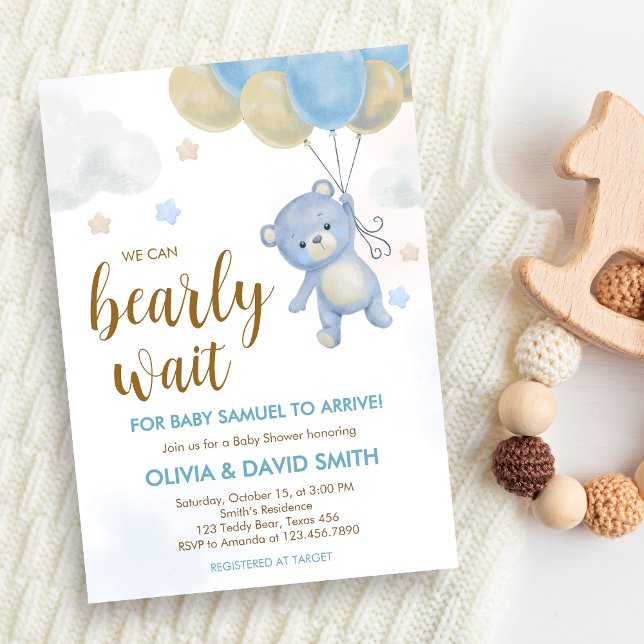 Boy Bear Bear Bearly Wait Baby Dusche Einladung (Blue We Can Bearly Wait Bear Balloons Baby Shower Invitation)