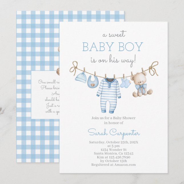 Boy Bear Clothesline Baby Shower invitation Einladung (Vorne/Hinten)