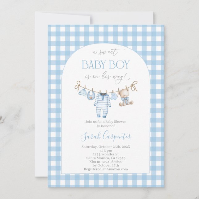 Boy Bear Clothesline Baby Shower invitation Einladung (Vorderseite)