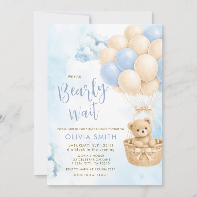 BOY Bear Cloud Balloon Baby Shower Invite Einladung (Vorderseite)