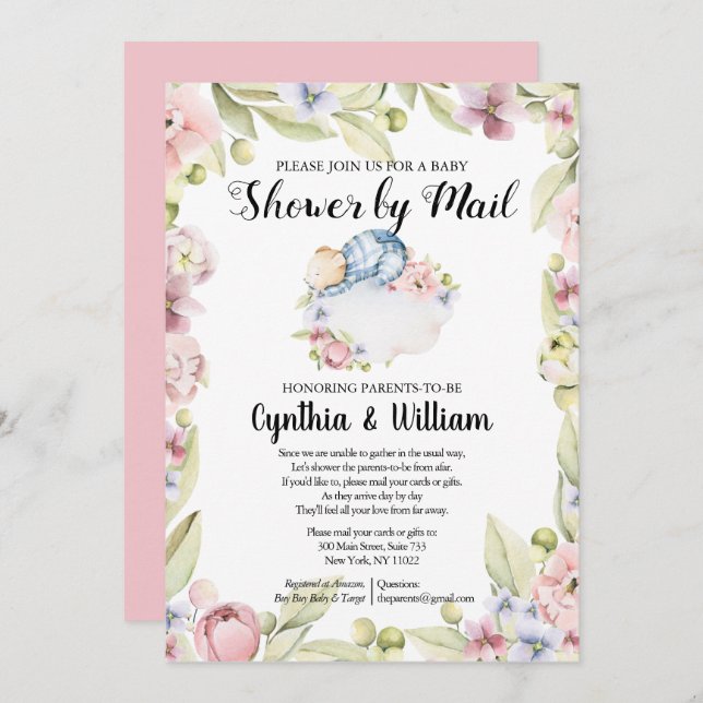 Boy Bear Elegant Blumengrün Dusche von Mail Einladung (Vorne/Hinten)