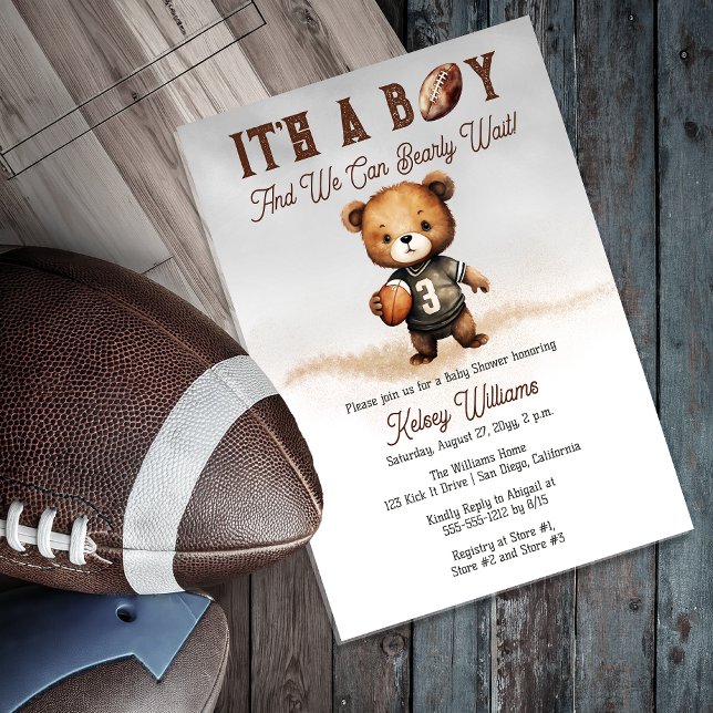 Boy Bearly Wait American Football Baby Dusche Acryleinladungen ("It's A Boy And We Can Bearly Wait!" Teddy Bear Football Theme Boy Baby Shower Acrylic Invitation)