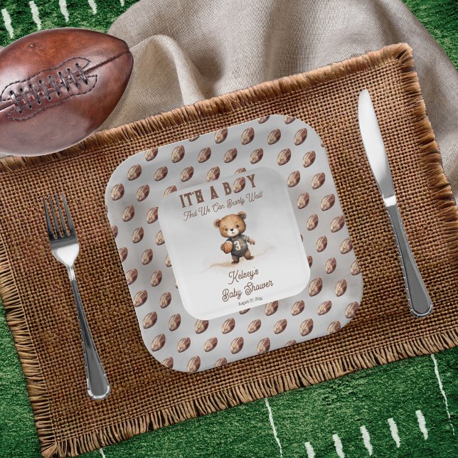 Boy Bearly Wait American Football Baby Dusche Pappteller (Teddy Bear Boy American Football Baby Shower Square Paper Plate - Bearly Wait Collection)