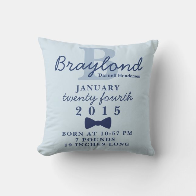 Boy Birth Stats Pillow - Blue Bow Krawatte Kissen (Vorderseite)